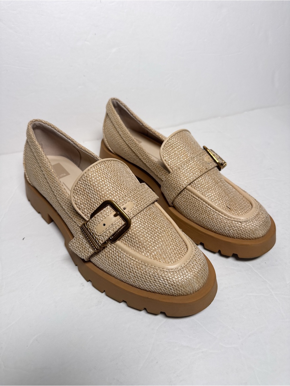Dolce Vita Ericka Woven Raffia Buckle Chunky Loafers Honey Beige 9